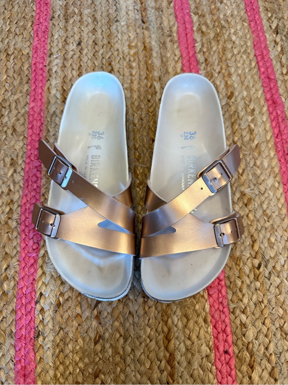 Birkenstock Metallic Rose Gold Cross-Strap Sandals